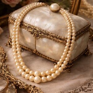 Vintage Double Strand Faux Pearl Necklace Graduated Beads Pearl Clasp Classic